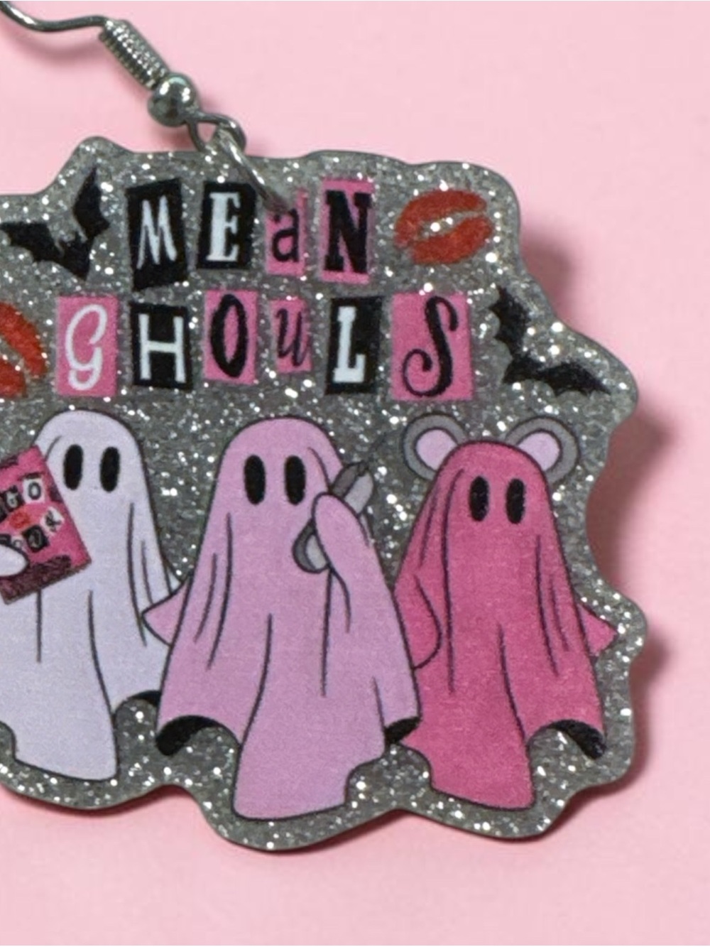Cute Pink 'Mean Ghouls' Glitter Ghost Earrings